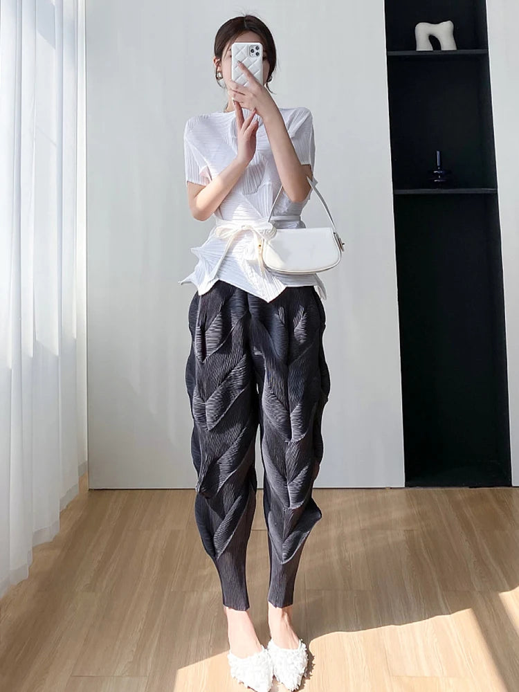 Miyake Pleated Pants Women Elastic Wiast 2023 New Summer Versatile Casual Pencil Trousers Solid Color Female Fashion  Pants