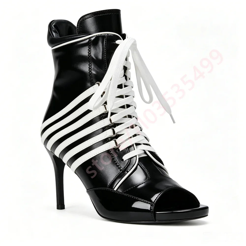 2026 Striped Peep Toe Ankle Women Boots Summer New Style Front Lace Up Thin Stiletto High Heel Fashion Streetwear Booties