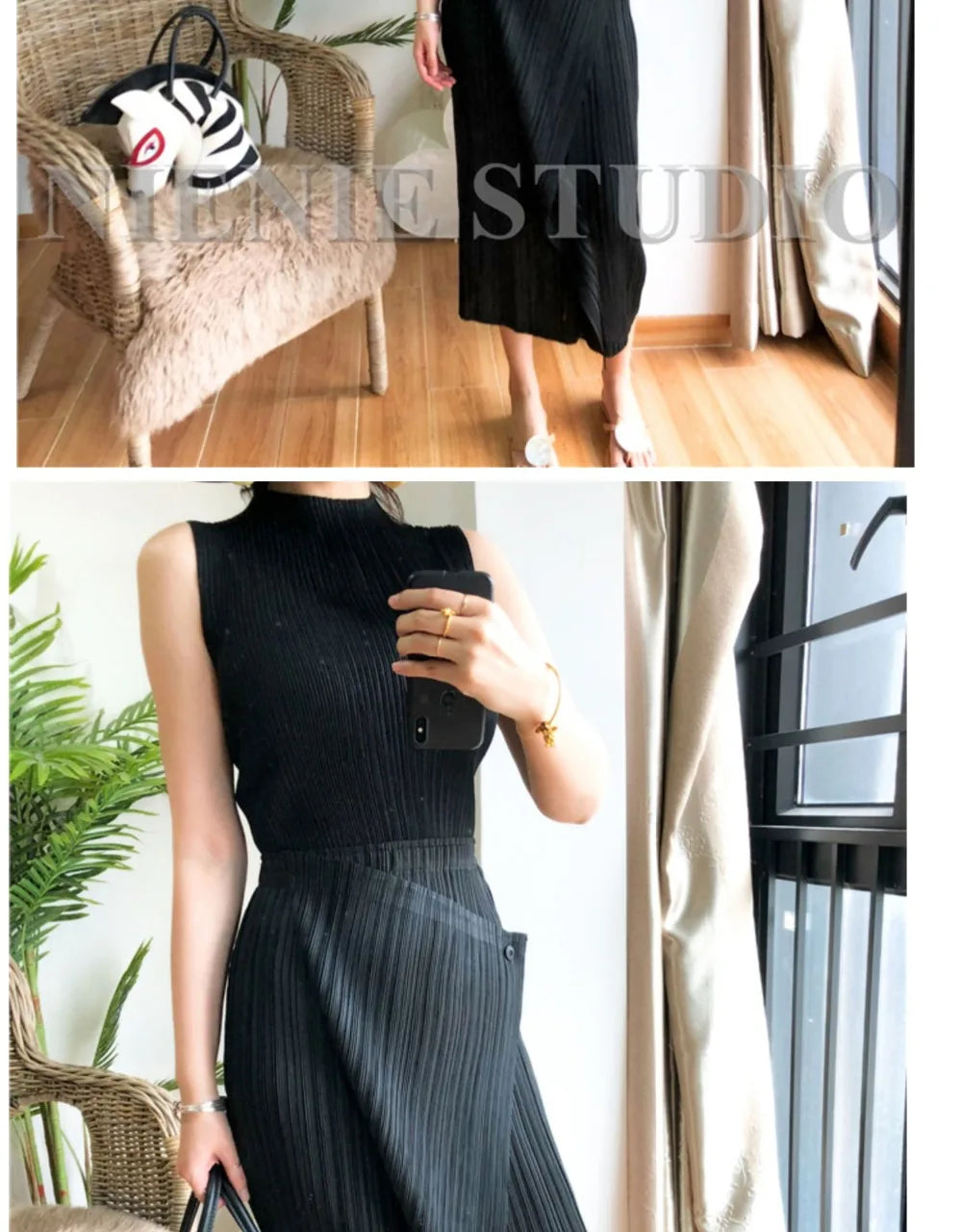Miyake Pleated Skirt High Waist One Button Stitching Long Asymmetrical Skirt Two Piece Straight Korea Fashion Aesthetic Clothes