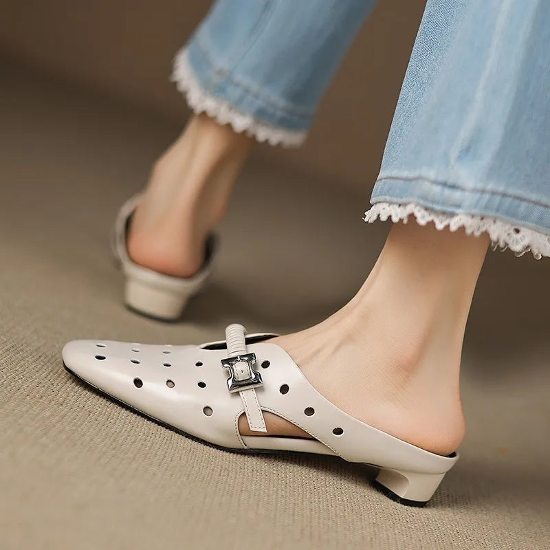 Genuine Leather Hollow Slippers Women Covered Toe Thick Heels Dating Buckle Mules Ladies Summer Leisure Slippers