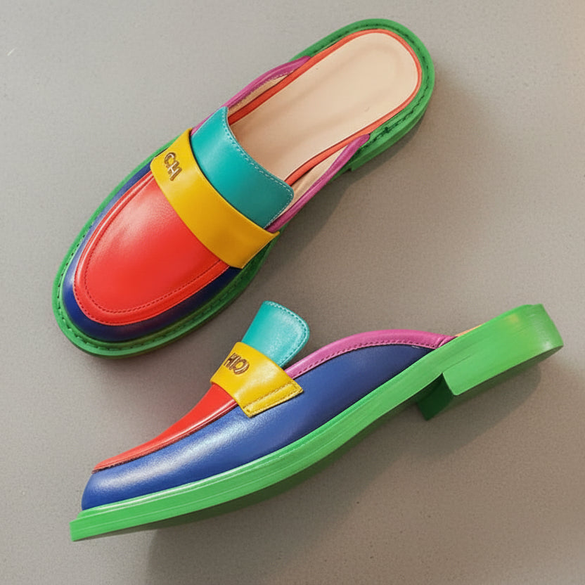 Spring Summer 2026 New Genuine Leather Slippers Women Mixed Color Covered Toe Fashion Mules Ladies Low Heels Slippers