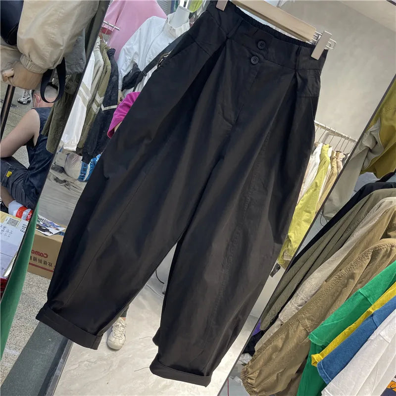 Limiguyue Street Wear Loose Cotton Harem Pants Women Spring Summer Trousers Elastic Wiast Ankle-Length Pants Two Button E392