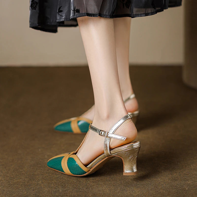 Dilalula 2025 Summer French Style T-Strap Genuine Leather Sandals Women Covered Toe High Heels Mixed Color Party Dating Sandals