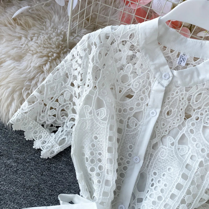 Summer Women Lace Sweet Sexy Dress Hollow Out Half High Collar Short Sleeve Single-breasted High Waist Slim Vintage Midi Dresses