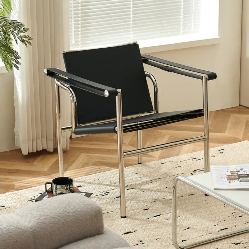 Italian Simple Saddle Chair, Single Leather Stainless Steel Leisure Chair Minimalist Single Black Sofa Chair Living Room Design