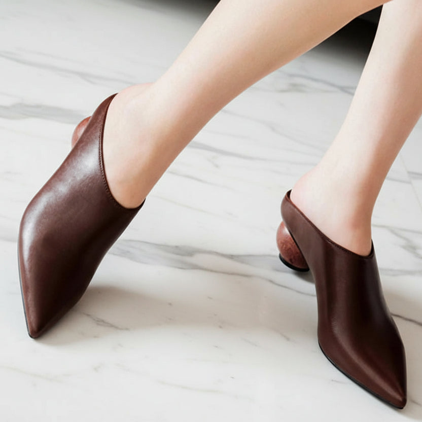 Genuine Leather Mules Women Pointed Covered Toe Med Ball Shape Heel Office Ladies Slippers Strange Heel