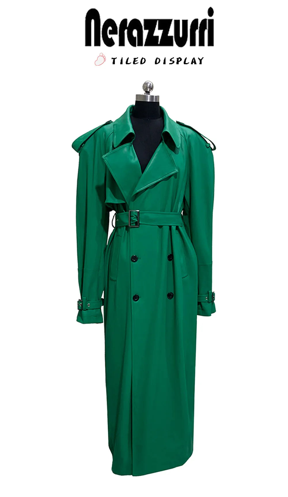 Nerazzurri Autumn Extra Long Soft Green Oversized Pu Leather Trench Coat for Women Shoulder Pads Belt Double Breasted Overcoat