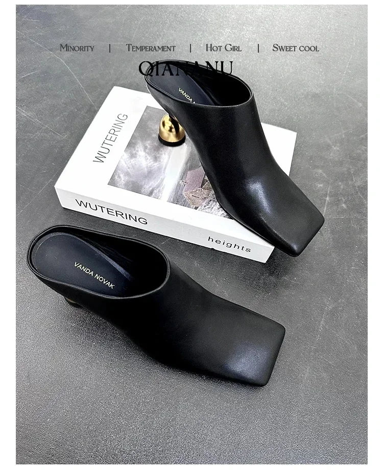 Retro Square Headed Wine Glasses and Slippers for Women in Summer 2025, New Style for Wearing Half Drag High Heels for Women