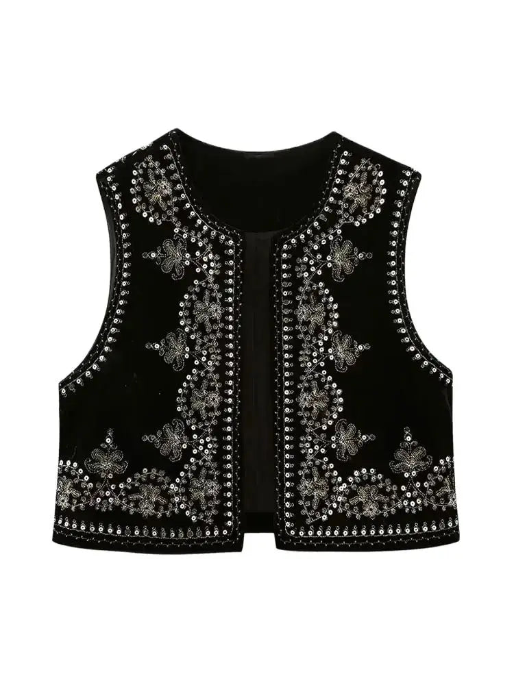 Women Fashion With Sequin Floral Embroidery Crop Waistcoat Vintage O Neck Sleeveless Female Outerwear Chic Vest Tops