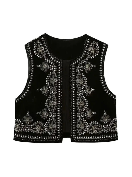Women Fashion With Sequin Floral Embroidery Crop Waistcoat Vintage O Neck Sleeveless Female Outerwear Chic Vest Tops