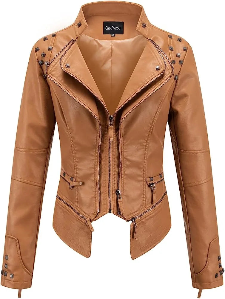 2025 2026 Winter- Spring New Style Suit Collar Rivet Waist Short Washed Pu Leather Jacket