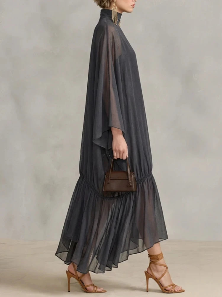 Elegant Women Sheer Chiffon Maxi Dress Turtleneck Batwing Sleeve Loose Flowy Ruffle Long Dress Casual Holiday Party Dresses