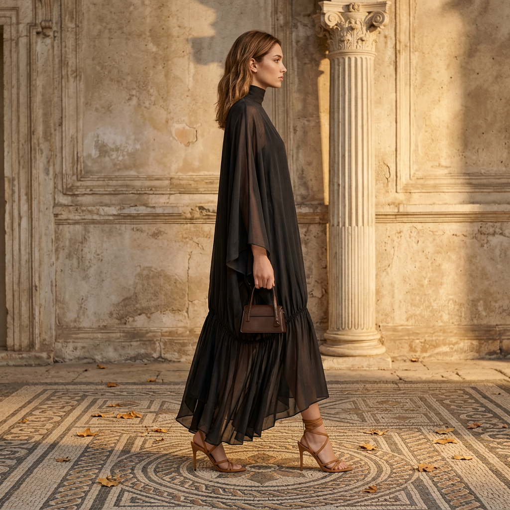 Elegant Women Sheer Chiffon Maxi Dress Turtleneck Batwing Sleeve Loose Flowy Ruffle Long Dress Casual Holiday Party Dresses