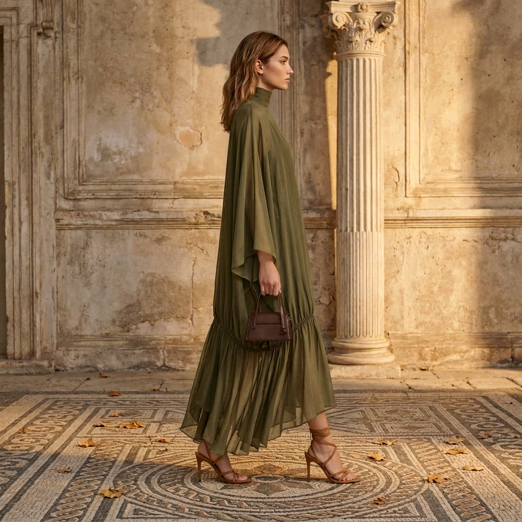 Elegant Women Sheer Chiffon Maxi Dress Turtleneck Batwing Sleeve Loose Flowy Ruffle Long Dress Casual Holiday Party Dresses