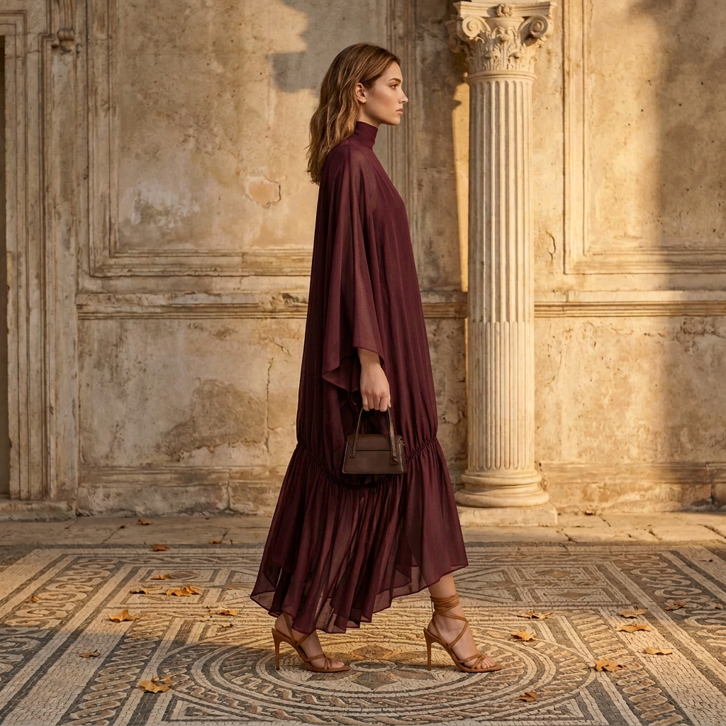 Elegant Women Sheer Chiffon Maxi Dress Turtleneck Batwing Sleeve Loose Flowy Ruffle Long Dress Casual Holiday Party Dresses