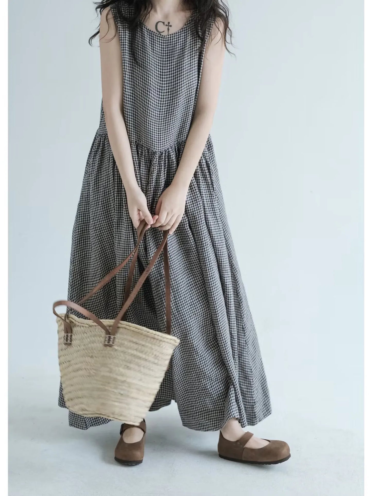 Summer New Women's Cotton Lin Loose Casual Dr High Waist A-Line Skirt Svel Vest Dr Cheered Pattern plus Size