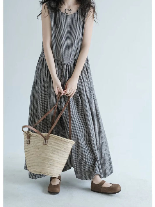 Summer New Women's Cotton Lin Loose Casual Dr High Waist A-Line Skirt Svel Vest Dr Cheered Pattern plus Size