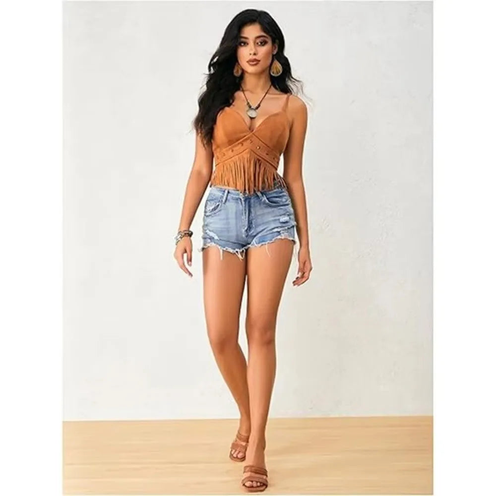 Vintage Faux Suede Women Crop Top V Neck Spaghetti Strap Fringe Vest Tassel Trimmed Cowgirl Style Sleeveless Vest for Women