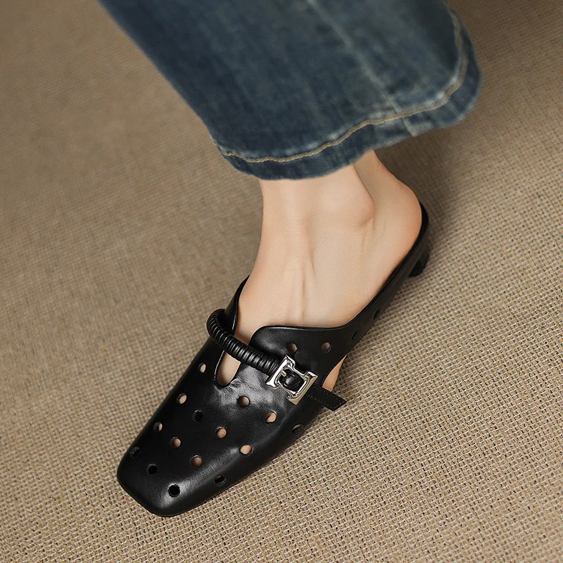 Genuine Leather Hollow Slippers Women Covered Toe Thick Heels Dating Buckle Mules Ladies Summer Leisure Slippers