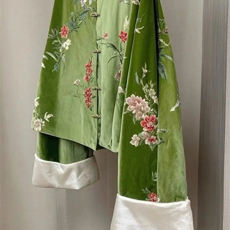 Chinese Style Small Green Velvet Jacket Women 2025 New Spring Autumn Embroidered Stand Collar Buckle Female Coat