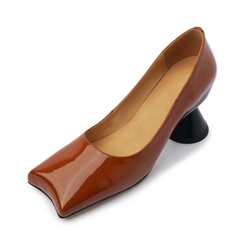 Stylish Patent Sheepskin Leather Pumps Women Shallow Med Strange Heels Party Dating Shoes Female Dress Pumps