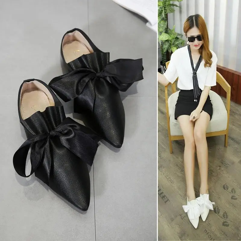 European Catwalk Shoes Woman Pleated Leather Flats 2025 Silk Bow-knot Ballerinas Ladies Espadrilles Barefoot Pointed Toe Loafers