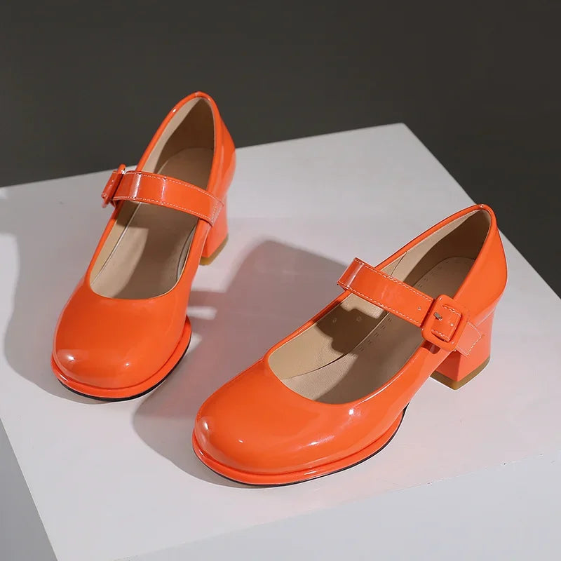 Spring Autumn Women Platform Mary Janes High Thick Heel Orange Red Patent Leather Dress Office Lady Round Toe Buckle Strap Pumps