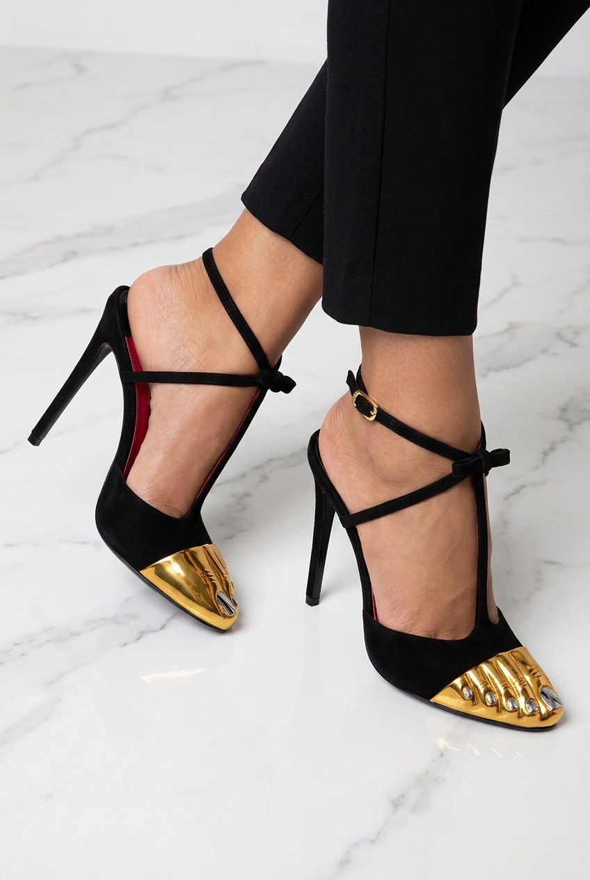 Black Strappy Gold Round Toe Five-Finger Sandals Girl Stiletto Ankle Straps Summer Suede Hollow Heels Catwalk Street Style Shoes