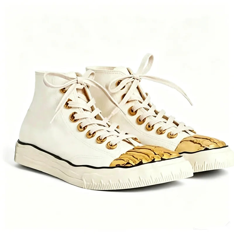 Men Women's High Top Canvas Sneakers Metallic Gold Toe Cap Lace-Up Casual Streetwear Shoes Comfortable Flat Platform Fashionable
