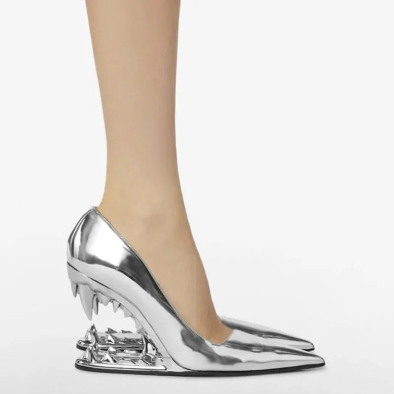 Sexy Pointy Toe Super High Heel Pumps Women Metal Tiger Tooth Heel Runway Pumps Lady Fashion Show Shoes Night Club