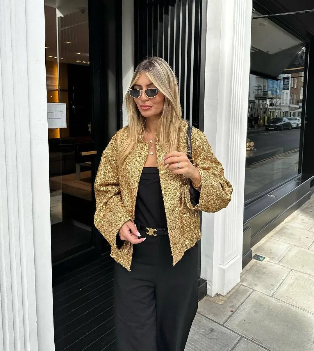 Women's Sequined Bomber Jacket Fall New Round Neck Long Sleeve Pocket Stretch Hem Sequins Jacket Coat Female Chic Outerwear
