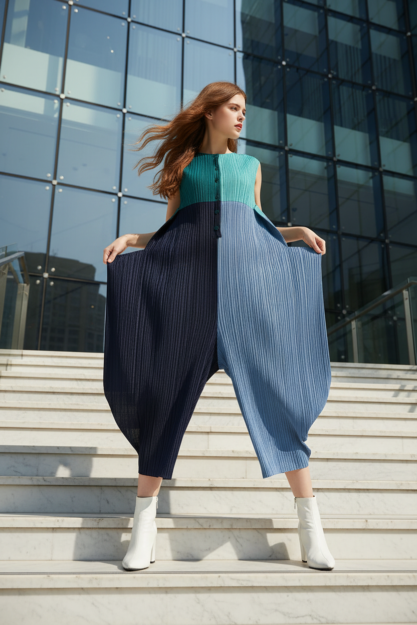 Miyake style  Folds 2024 Fall New Women's Color Matching Romper Loose Geometric Suit