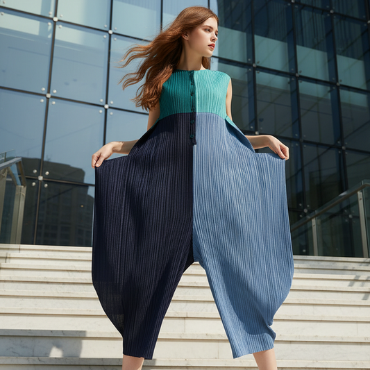 Miyake style  Folds 2024 Fall New Women's Color Matching Romper Loose Geometric Suit