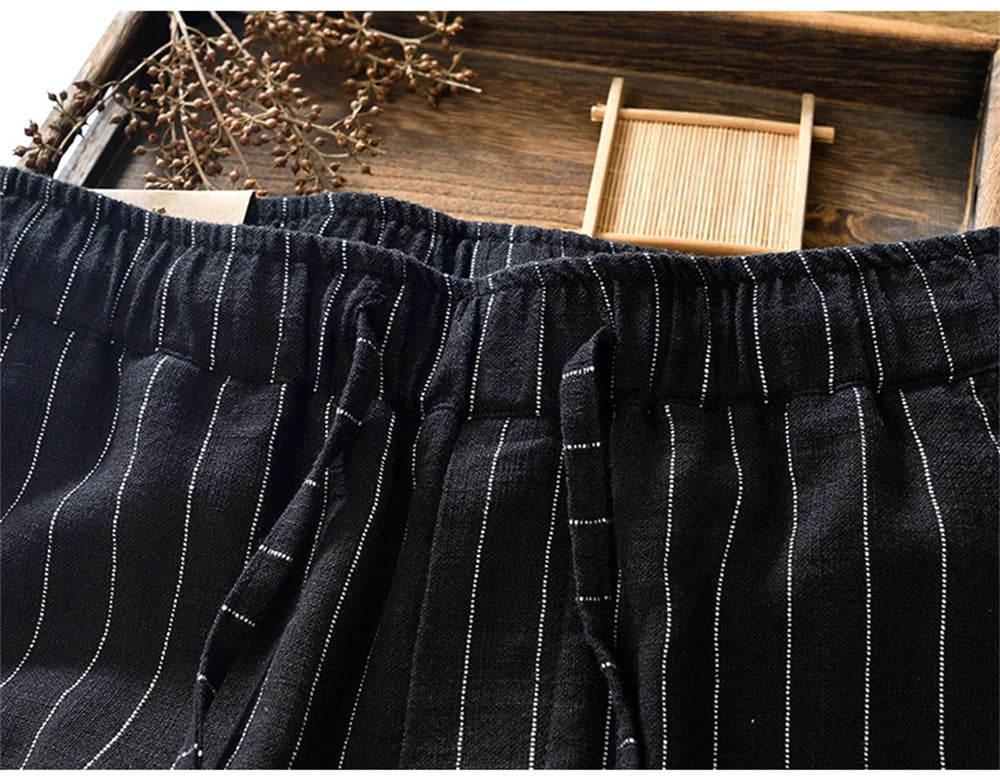 Summer cotton linen men's beach shorts loose fit breathable ramie striped straight daily causal pants for men