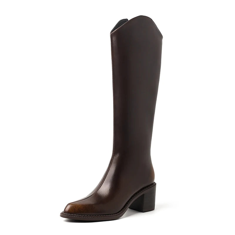 Ods New Women Genuine Leather Pointed Toe Knee High Boots Black White Brown Side Zipper Female Shoes Thick Heel Plus Size 42