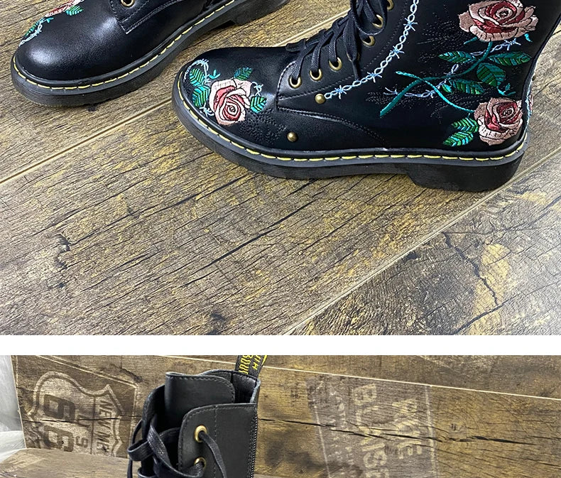 Ods Handmade Embroidery Rose Flower Retro Lace-up Mt Woman Genuine Leather Round Toe British Style Ankle Boots Big Size 40414243