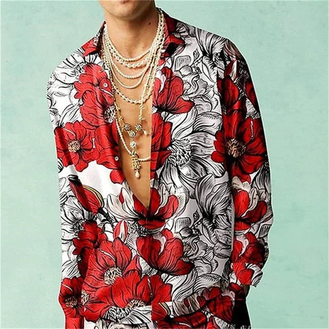 Casual Simple Long Sleeve Shirt Men's Fall Men's Shirt Long Sleeve Men's Ethnic Style Graphic 3d Print Holiday Button Men's Shir