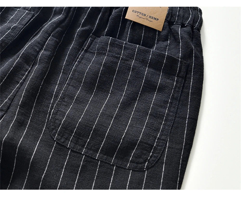 Summer cotton linen men's beach shorts loose fit breathable ramie striped straight daily causal pants for men