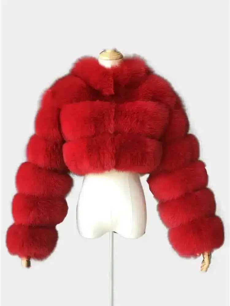 DEAT Fashion Women's Faux Fur Coat Stand Neck Long Sleeve Zipper Short Solid Color Thick Warm Jackets Winter 2024 New 7AB6434