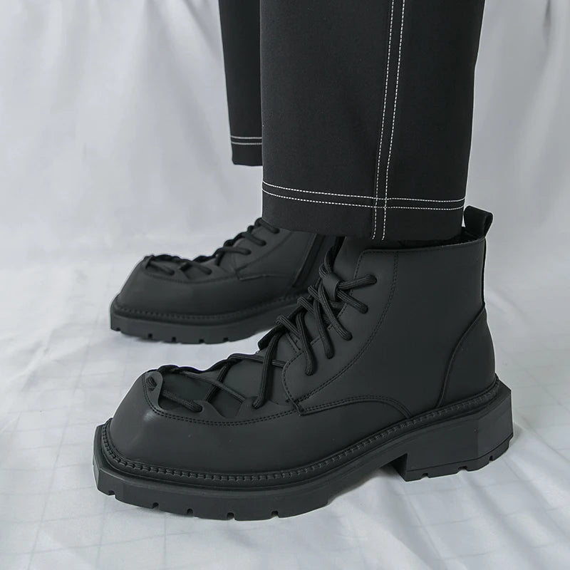 Autumn New Men Comfortable Lace Up Side Zipper High Top Leather Shoes Fashion Brand Round Toe Thick Soled Non Slip Outdoor Boots