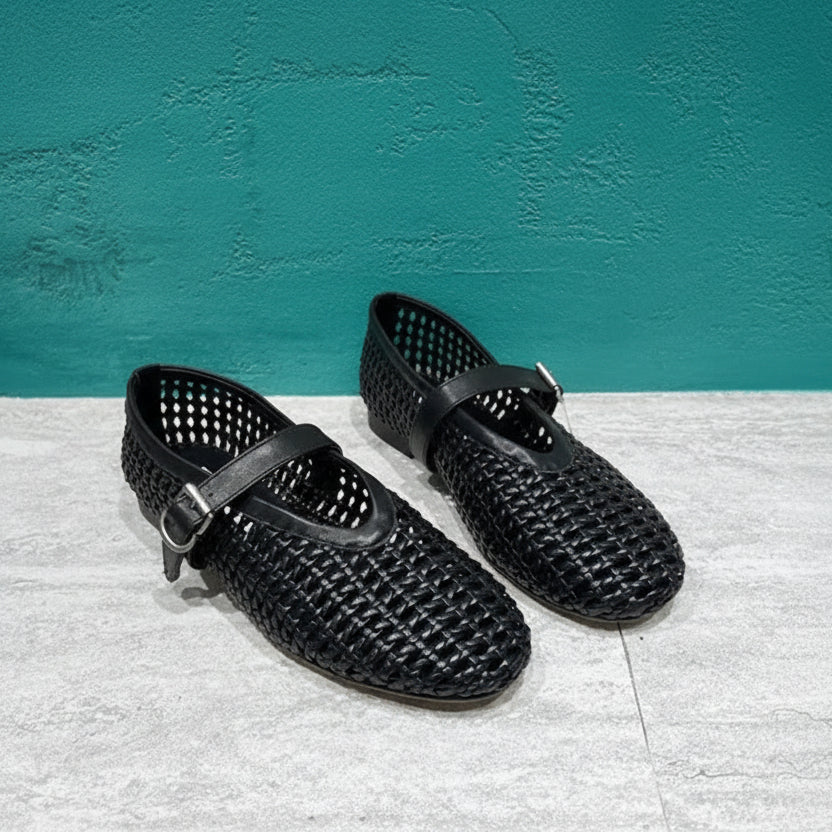 In style Fashion Summer Woven Women Ballet Flats Breathable Hollow out Mary Janes Leather Lazy Walking Loafers Girls Shoes