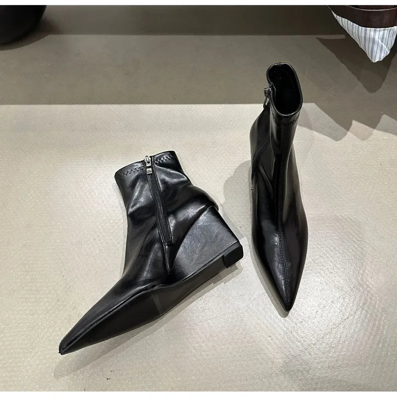 Autumn Winter Vintage Patent Leather Wedges Women Ankle Boots Fashion Pointed toe High heels Female Chelsea Short Boots Shoes