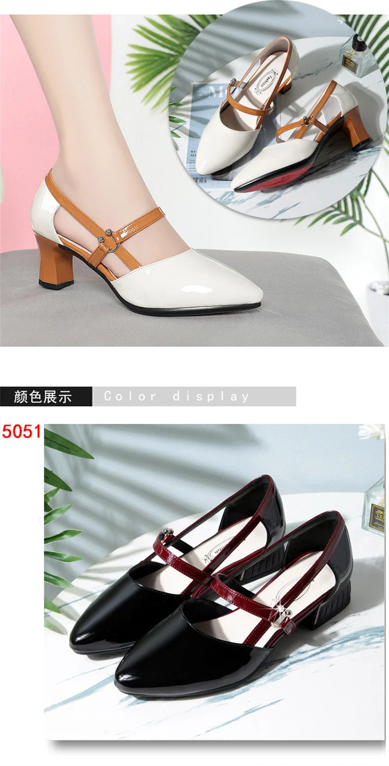 2024 Soft Leather Sandals Women Spring Summer Fashion Pointed Tip Single Shoes Low-Heel Hollow Buckle Ventilate Office Gentle