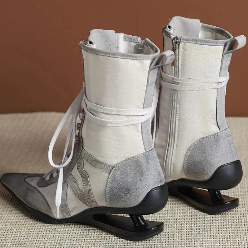 Pointed Toe Cross-tied Designer Women Boots Warm Strange Heel Retro Ankle Boots Zip Street Style Fashion High Short Boots Female