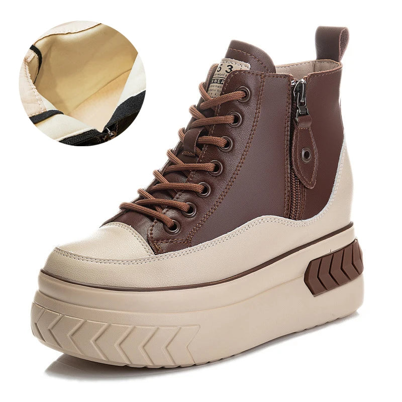 High Top Women Shoes Genuine Leather 8cm Platform Boots Ankle Wedge Hidden Heel Zip Autumn Warm Fur Winter Shoes Sneakers
