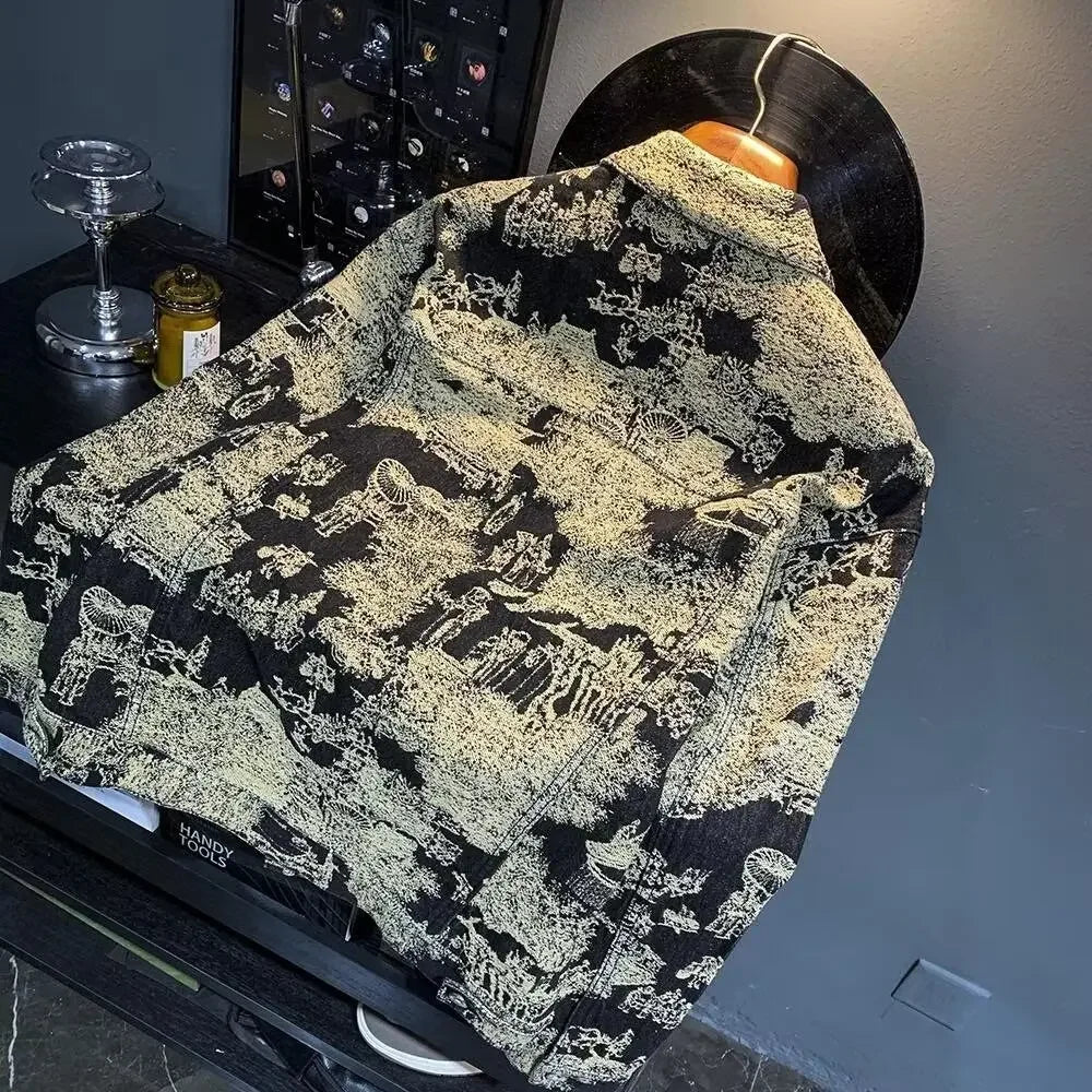 Retro Camouflage Loose Men's Jacket Long Sleeve Embroidered Denim Coat Fashionable Trendy Outerwear Comfortable Fit Male Coat