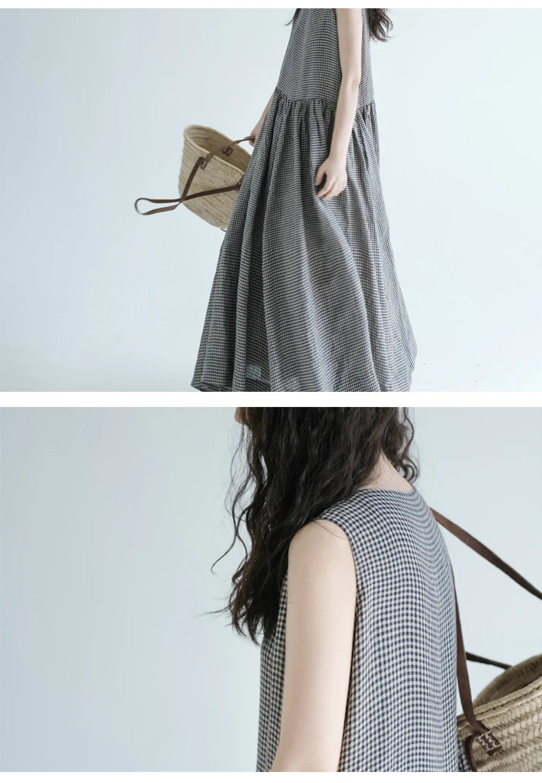 Summer New Women's Cotton Lin Loose Casual Dr High Waist A-Line Skirt Svel Vest Dr Cheered Pattern plus Size