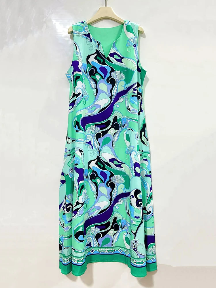 2026 Summer Women's Clothing Retro Geometric Print V-neck Pullover Sleeveless Dress Fashion Loose Large Size A-Line Tank Top