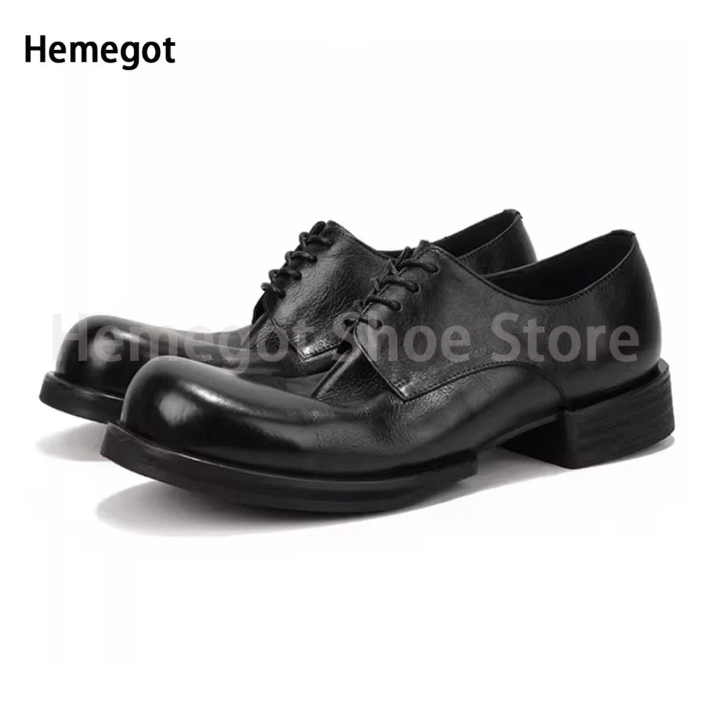 Big Round Toe Casual Shoes Low Cut Breathable Leather Shoes for Men Wear-Resistant Breathable Solid Color Handmade Men's Shoes