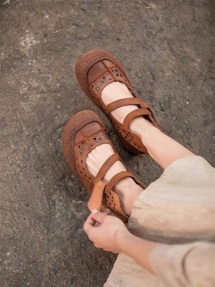 2026 Summer Retro Handmade Women's Shoes Genuine Leather Soft Bottom Mom Sandals Cowhide Hollow Out Casual Sandal Boots